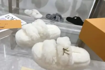 LV White Fuzzy Slipper Bliss Comfort Mule Shearling Crossover Strap With Gold Tone