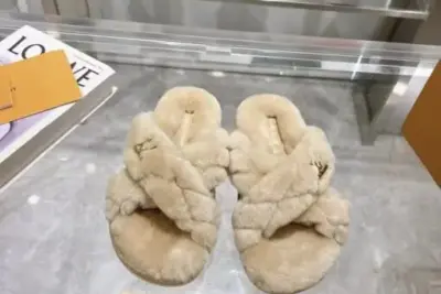 LV Bliss Comfort Mules Fluffy Shearling Crossover Straps With Embroidered Malletage Pattern Beige