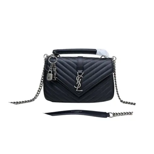 YSL College Medium Quilted Leather Bag Black Silver