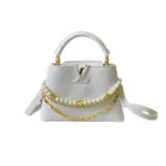 LV Capucines Handbag White Ostrich Leather Pearl Chain