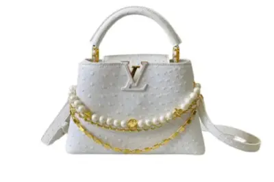 LV Capucines Handbag White Ostrich Leather Pearl Chain