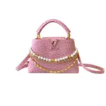 LV Capucines Handbag Pink Ostrich Leather Pearl Chain