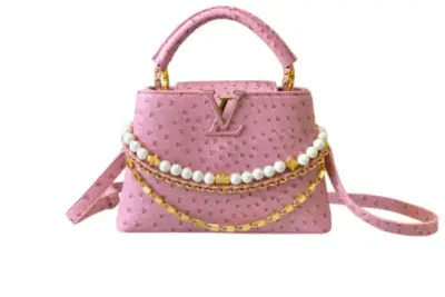 LV Capucines Handbag Pink Ostrich Leather Pearl Chain