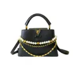 LV Capucines Handbag Black Ostrich Leather Pearl Chain