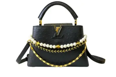 LV Capucines Handbag Black Ostrich Leather Pearl Chain