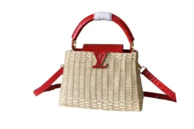 LV Capucines BB Handbag Handwoven Rattan Beige Red