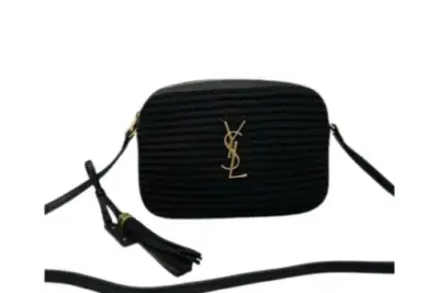 YSL Lou Raffia Leather Camera Bag Black Gold Monogram