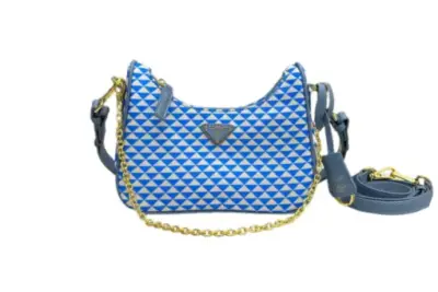 Prada Triangle Shoulder Hobo Bag Blue White Jacquard Canvas