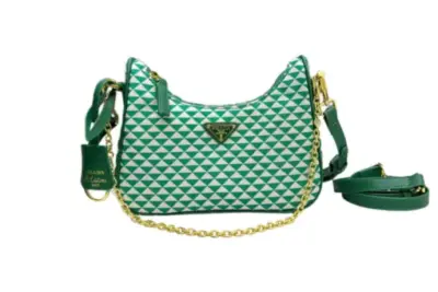 Prada Triangle Shoulder Hobo Bag Green White Jacquard Canvas