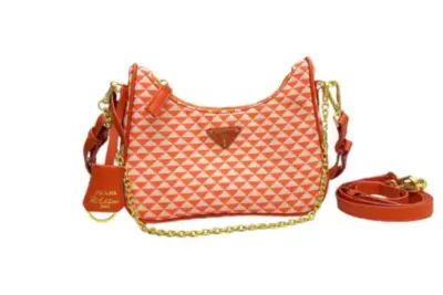 Prada Triangle Shoulder Hobo Bag Orange White Jacquard Canvas