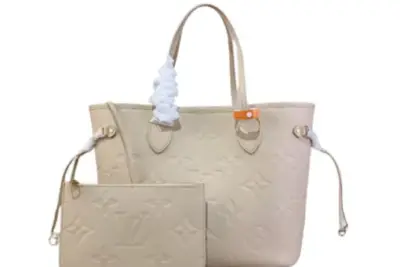 LV Neverfull MM Monogram Empreinte Leather Bag Crème