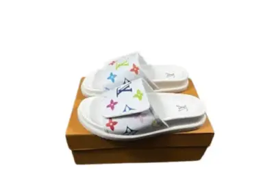 LV Slipper Multicolour Logo On Strap 6AM Flat Mule White