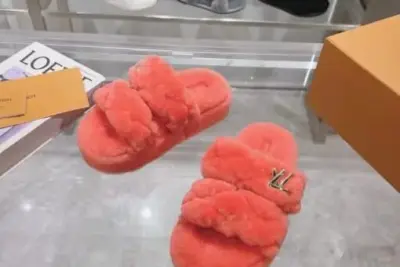 LV Sunset Slide Shearling Fuzzy Orange Slipper