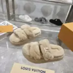 LV Sunset Comfort Shearling Flat Mules Slipper Crossover Straps With Flat Design Beige