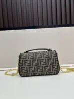 Fendi Baguette Chain Midi Stylish Shoulder Bag Black & Brown FF Canvas Jacquard Fabric - Image 3