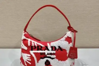 Prada Re-Edition 2006 Embroidered Drill Mini Bag in Red & White
