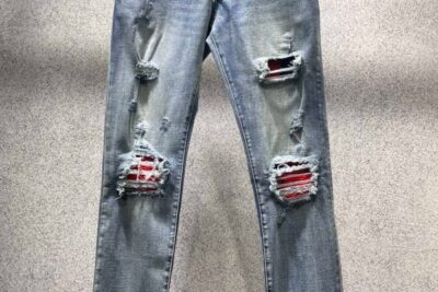 AMIRI MX1 Skinny Jeans Light Blue Wash With Red Bandana Patches