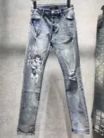 Amiri Men's Skinny Distressed Jeans With Blue Leather Details And Washed Damaged Finish