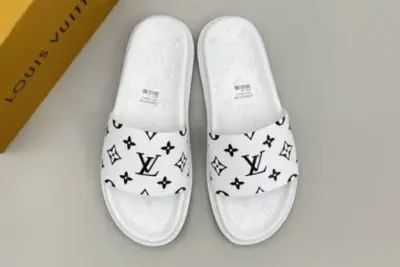 LV Monogram White Slipper With Black Logo On Slides