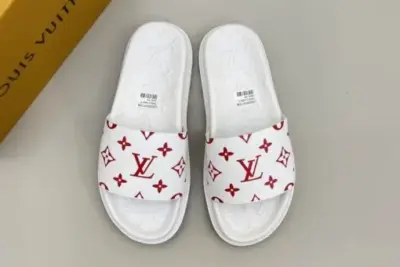 LV Monogram White Slipper With Red Logo On Slides