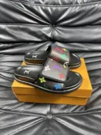 LV Slipper Strap 6AM Flat Mule Black With Multicolour Logo - Image 3