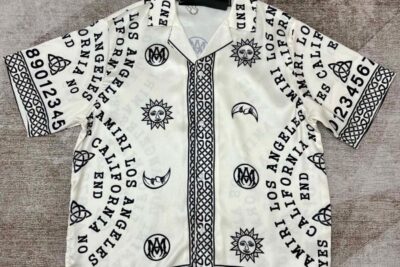 Amiri Ouija Board Print Silk Bowling Shirt White