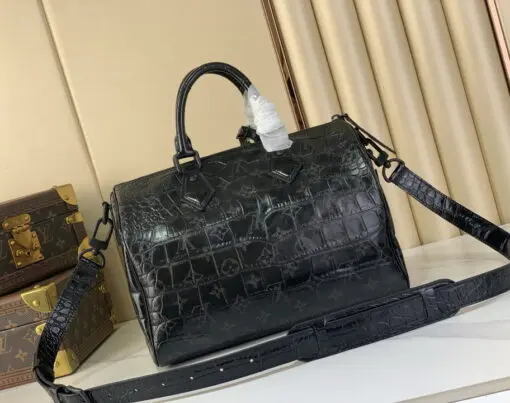 LV Speedy P9 Bandouliere 25 Handbag Dark Black Monogram Calfskin Leather - Image 3
