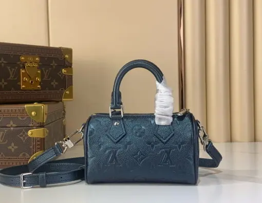 LV Speedy Bandouliere 20 Handbag Metallic Navy Blue Monogram Empreinte Leather - Image 2