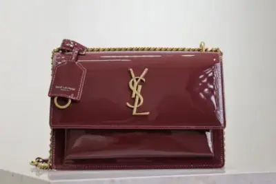 YSL Sunset Chain Bag in Burgundy Patent Leather