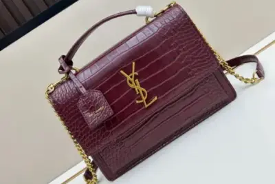 YSL Sunset Medium Chain Bag in Crocodile Maroon