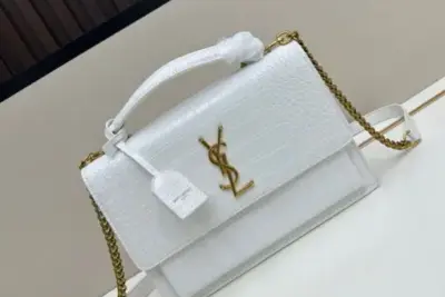 YSL Sunset Medium Chain Bag in Crocodile White