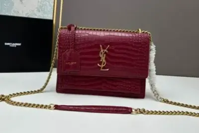 YSL Sunset Shoulder Bag 22cm Crocodile Maroon