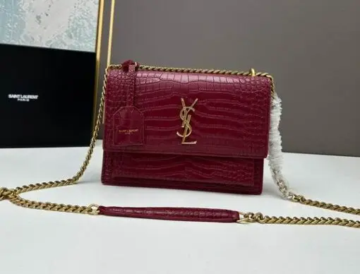 YSL Sunset Shoulder Bag 22cm Crocodile Maroon