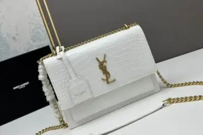 YSL Sunset Shoulder Bag 22cm Crocodile White