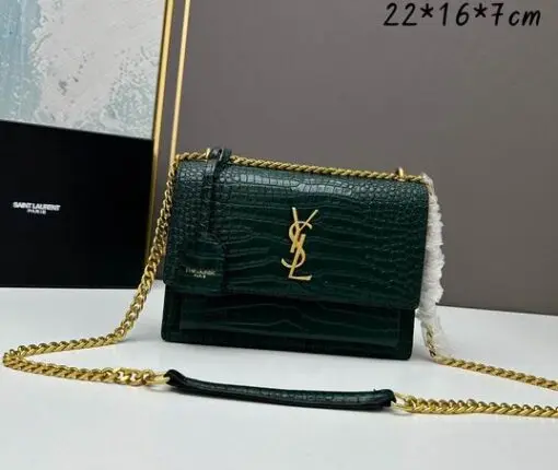 YSL Sunset Shoulder Bag 22cm Crocodile Green