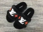 LV Plush Mink Fur Mule Sandals Initials Logo And Monogram Flower Motif Black - Image 2