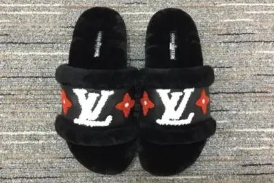 LV Plush Mink Fur Mule Sandals Initials Logo And Monogram Flower Motif Black