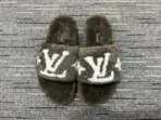 LV Paseo Flat Mules Plush Shearling With Monogram Flowers Dark Grey