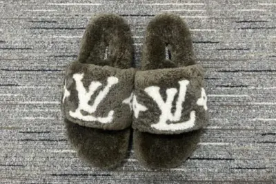 LV Paseo Flat Mules Plush Shearling With Monogram Flowers Dark Grey
