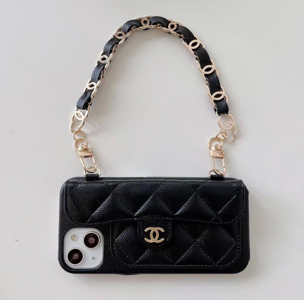 CC Luxury Wallet Short Strap Phone Case Black