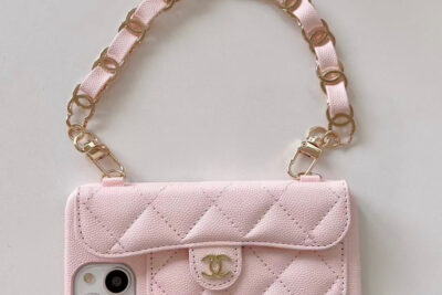 CC Luxury Wallet Short Strap Phone Case Light Pink