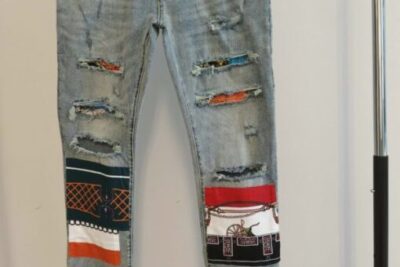 Amiri Bandana Artpatch Skinny Jeans Light Blue Distressed Denim
