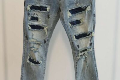 Amiri Distressed Embellished Denim Jeans Light Blue Wash