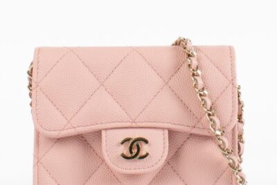 Chanel Pink Caviar Classic Card Holder with Chain