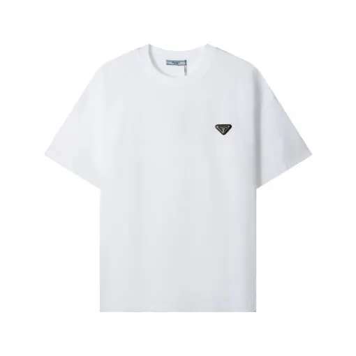 Prada Cotton T-Shirt Iconic Enameled Metal Triangle Logo White