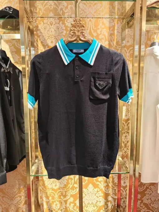 Prada Men’s Knit Polo Shirt Contrasting Blue Collar And Sleeve Trim