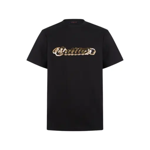 LV Embellished Signature T-Shirt Cursive Golden Black
