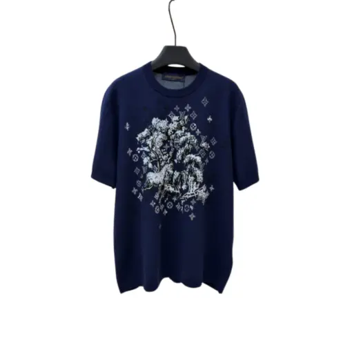 LV Short Sleeved Jacquard Crewneck T Shirt Navy Blue