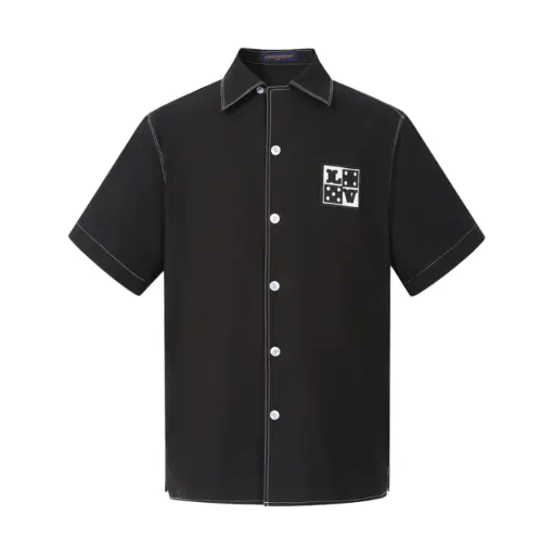 LV Embroidered Short-Sleeved Cotton Shirt Black Embroidered