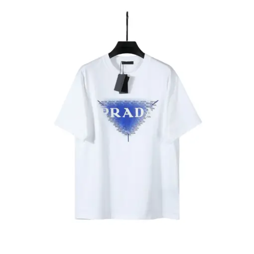 Prada White Neck T-Shirt Blue Triangular Graphic Design